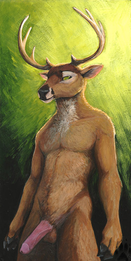 animal_genitalia anthro antlers balls erection genitals green_eyes horn male nude penis simple_background smile solo blackteagan deer mammal