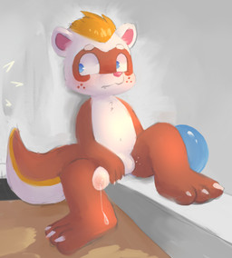 anthro balloon balloon_fetish balls biped blush bodily_fluids countershading cum detailed_background freckled_face freckled_legs freckled_thighs freckles genital_fluids genitals holding_own_penis holding_penis humanoid_genitalia humanoid_penis inflatable looking_aside male outside penis sitting solo sound_effects white_body white_countershading young young_anthro young_male badipoki float_(badipoki) domestic_ferret mammal mustelid musteline true_musteline weasel absurd_res hi_res adult_(lore)