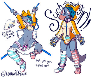 ageplay anthro bdsm blue_hair blush bodily_fluids bondage bound breasts clean_diaper clothed clothing collar diaper diaper_change diaper_under_clothing diaper_under_onesie embarrassed eyes_closed female footwear genital_fluids genitals grey_body hair hood_up infantilism knee_highs knee_socks legwear looking_at_viewer looking_pleasured lying navel object_in_mouth on_back onesie open_diaper out_of_frame pacifier pacifier_clip pacifier_in_mouth pattern_clothing pawpads penetration pinned praise roleplay sex_toy simple_background socks solo standing straps striped_clothing stripes struggling text unclean_diaper under_boob urine used_diaper vaginal vaginal_penetration vibrator vulva wearing_diaper wet_diaper wetting white_background white_diaper wiggle wuwidraws domestic_cat felid feline felis mammal hi_res