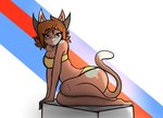 anthro bikini breasts cleavage clothed clothing eyewear female glasses horn looking_at_viewer midriff navel pattern_background pose simple_background solo striped_background swimwear two-piece_swimsuit huegirl19 dutches_silky demon domestic_cat felid feline felis mammal hi_res pinup