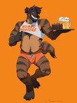 4_toes 5_fingers alcohol anthro beer beer_mug belly belly_overhang beverage black_nose body_hair bottomwear brown_body brown_eyes brown_fur chest_fur chest_hair chicken_meat clothed clothing crop_top digitigrade eyebrows fangs feet fingers food fries fur hair happy_trail male markings meat midriff navel orange_background orange_clothing partially_clothed ponytail roast_chicken_leg serving_tray shirt shorts simple_background slightly_chubby smile smiling_at_viewer solo striped_body striped_fur striped_markings striped_tail stripes tail tail_markings tan_body tan_fur tank_top teeth text text_on_clothing text_on_shirt text_on_topwear toes topwear underbite maracaso himbo_hooters marrow_(sebastiansb) brown_hyena hyena mammal himbo 3:4 hi_res