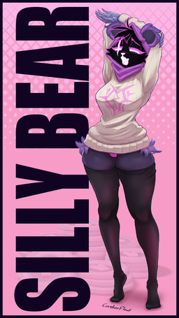 anthro armor black_border black_clothing black_legwear black_stockings border breasts clothing eye_scar eyelashes facial_scar female front_view fur gauntlets gloves hands_behind_head handwear head_tuft hip_tuft legwear obscured_face open_mouth panties pink_background pink_clothing pink_panties pink_underwear purple_body purple_fur purple_hood scar simple_background solo stockings sweater text thick_thighs topwear tuft underwear white_clothing white_sweater white_topwear wide_hips yawn carbonfloof epic_games fortnite raven_team_leader bear mammal 4k 9:16 absurd_res hi_res