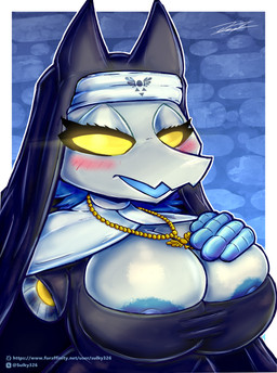 anthro areola areola_outline areola_slip beads big_breasts blue_hair blush blush_lines breasts clothed clothing covered_nipples delta_rune_(emblem) eyelashes female glowing glowing_eyes hair huge_breasts ineffective_clothing long_eyelashes looking_at_viewer machine montgomery_glands nipples nun nun_outfit open_mouth outline prayer_beads simple_background skimpy skimpy_dress smile smiling_at_viewer solo symbol text white_body sulky326 deltarune undertale_(series) tasque_manager tasque_manager_(nun) darkner felid feline mammal robot absurd_res digital_media_(artwork) hi_res signature