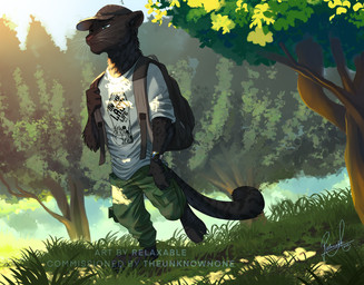 3_toes anthro backpack barefoot black_body black_fur bottomwear claws clothed clothing day detailed_background feet fully_clothed fur hat headgear headwear light male melanistic outside pants plant shirt solo t-shirt toe_claws toes topwear tree walking whiskers relaxablefur felid mammal pantherine 2021 hi_res lighting shaded signature