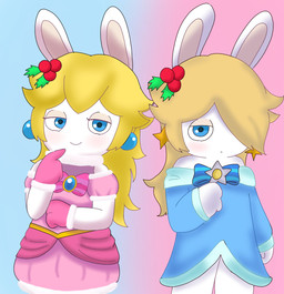 anthro arms_bent bent_arm blonde_hair blue_bow blue_clothing blue_dress blue_ear_piercing blush closed_smile clothed clothed_anthro clothed_female clothing dress duo ear_piercing eyelashes female female_anthro flat_chested gloves gradient_background hair hair_over_eye handwear holly_(plant) lidded_eyes long_ears long_hair looking_at_viewer mouth_closed piercing pink_background pink_bow pink_clothing pink_dress pink_gloves pink_handwear plant simple_background smile smiling_at_viewer standing straight_legs tan_eyelids tan_inner_ear peypey_mei1925 mario_bros mario_plus_rabbids_kingdom_battle mario_plus_rabbids_sparks_of_hope nintendo raving_rabbids rayman_(series) ubisoft rabbid_peach rabbid_rosalina lagomorph mammal rabbid 2023 colored crossover digital_drawing_(artwork) digital_media_(artwork) hi_res shaded