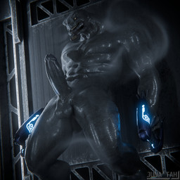 abs against_surface against_wall anthro balls bodily_fluids dual_wielding erection genital_fluids genitals holding_object holding_weapon humanoid_genitalia humanoid_penis male musk narrowed_eyes nude open_mouth pecs penis solo sweat sweatdrop weapon junatah no-name-no-problem_(modeler) halo_(series) microsoft xbox_game_studios alien sangheili 1:1 2026 3d_(artwork) blender_(artwork) digital_media_(artwork) hi_res portrait three-quarter_portrait watermark