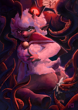 1_eye 2_horns 4_fingers anal anal_penetration anthro bell bell_collar bodily_fluids butt cape clothing collar cum female fingers fur genital_fluids genitals gesture glowing glowing_eyes grey_body grey_skin hand_gesture hooves horizontal_pupils horn inside leaning leaning_forward looking_at_another looking_at_partner looking_at_viewer looking_back looking_back_at_viewer open_mouth penetration pointing pupils rear_view red_clothing red_lighting sex short_tail sitting sitting_on_ground slit_pupils small_horn solo spread_legs spreading stained_glass tail tentacle_sex tentacles vaginal_fluids vulva white_body white_fur wool_(fur) pinkrefrige cult_of_the_lamb massive_monster_(studio) lamb_(cult_of_the_lamb) red_crown_(cult_of_the_lamb) bovid caprine mammal sheep tentacle_creature 2022 film_grain full-length_portrait hi_res portrait shaded soft_shading