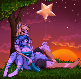 anthro barefoot blue_hair blue_nose clothed clothing duo feet female hair heterochromia male outside plant sitting sky smile star starry_sky sun tree robyn_paperdoll canid canine canis domestic_dog mammal absurd_res digital_media_(artwork) hi_res shaded