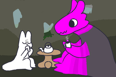 ambiguous_gender anthro container cup duo eyes_closed feral furniture kettle sitting sitting_on_ground steam table tea_cup chimerasofthesoutheastmeadows rain_world videocult survivor_(rain_world) lizard_(rain_world) pink_lizard_(rain_world) slugcat 3:2