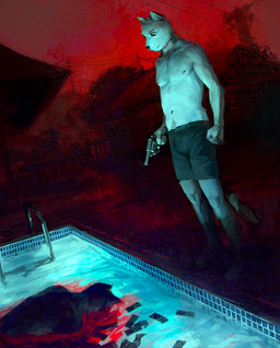 anthro black_eyes black_nose blood bodily_fluids bottomwear clothed clothing dark death detailed_background duo fingers fist fur gun handgun holding_gun holding_object holding_ranged_weapon holding_weapon killing male money outside ranged_weapon revolver shorts smoke solo_focus swimming_pool tail topless water weapon white_body white_fur civetstranj domestic_cat felid feline felis mammal digital_media_(artwork) digital_painting_(artwork) painting_(artwork) red_theme signature