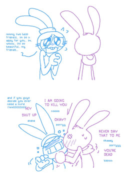 accessory angry anthro blue_body blue_clothing blue_fur blue_shirt blue_tank_top blue_topwear blush blush_lines bodily_fluids buckteeth clasped_hands clothing cross-popping_vein crying duo earband female fur headband headgear headwear hoodie purple_body purple_clothing purple_fur purple_hoodie purple_topwear rabbit_ears shirt strangling tank_top tears teeth text topwear x_eye sockdraw five_nights_at_freddy's five_nights_at_freddy's_2 roommates:motha scottgames beanie_(roommates) bonbon_(roommates) bonnie_(fnaf) toy_bonnie_(fnaf) lagomorph leporid mammal rabbit english_text