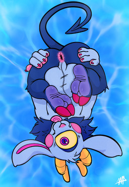 1_eye 2_horns 4_fingers anus balls big_balls big_butt blep blue_background bodily_fluids butt fingers floppy_ears fur genital_fluids genital_raphe genitals hooved_toes hooves horn huge_balls humanoid_genitalia humanoid_penis long_ears male neck_tuft nude open_mouth penis pink_anus pink_eyes pupils purple_body purple_pupils purple_skin raphe_(anatomy) red_hooves red_pupils scrotal_raphe simple_background spade_tail spread_butt spreading tail teeth text thick_thighs tongue tongue_out tuft upside_down wide_hips yellow_horn yellow_sclera 1mp prince_gamon_(1mp) bovid caprine caprine_demon demon imp mammal 2025 artist_name colored digital_drawing_(artwork) digital_media_(artwork) english_text hi_res shaded signature