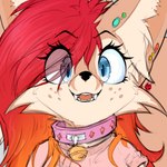 anthro big_collar blue_eyes blush clothed clothing collar eyelashes female fur hair long_ears looking_at_viewer oversized_collar red_hair smile solo teeth pawoo valerie_(pawoo) canid canine fennec_fox fox mammal true_fox digital_media_(artwork) headshot_portrait low_res portrait reaction_image