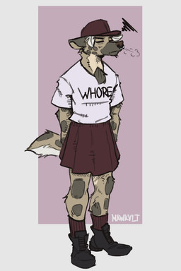 anthro boots bottomwear clothed clothing crossdressing ears_down eyes_closed facial_piercing footwear hair hat headgear headwear male nose_piercing nose_ring piercing pivoted_ears ring_piercing shirt shoes sigh skirt socks solo tail text text_on_clothing topwear wearing_hat white_hair mawkvlt kolya_yeen_(mawkvlt) hyena mammal 2:3 hi_res