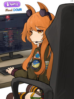 bomber_jacket chair clothing computer_keyboard computer_monitor electronics female frown furgonomic_headgear furgonomic_headphones furgonomic_headset furgonomics furniture hair headgear headphones headset jacket looking_at_viewer on_chair orange_eyes orange_hair sitting sitting_on_chair solo topwear gamryous cygames gaijin_entertainment uma_musume_pretty_derby war_thunder mayano_top_gun_(pretty_derby) animal_humanoid equid equid_humanoid equine equine_humanoid horse_humanoid humanoid mammal mammal_humanoid 3:4 absurd_res hi_res