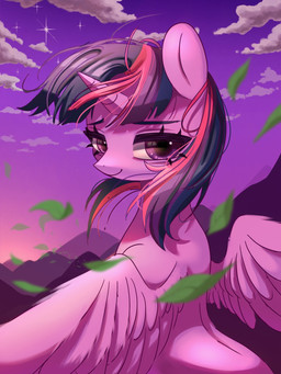 cloud female feral horn leaf looking_at_viewer looking_back mountain sky smile smiling_at_viewer solo star tired_eyes windswept_hair wings shagin friendship_is_magic hasbro my_little_pony mythology twilight_sparkle_(mlp) equid equine mammal mythological_creature mythological_equine winged_unicorn 3:4 hi_res