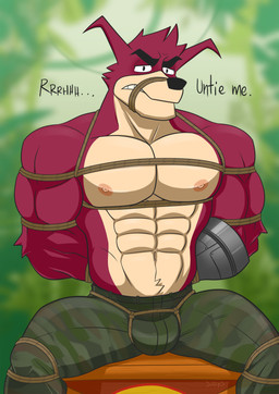 abs anthro areola arms_tied bdsm biped bondage bottomwear bound bulge camo camo_bottomwear camo_clothing camo_pants camo_print clenched_teeth clothed clothing crate dialogue forced fur hands_behind_back hands_tied legs_tied looking_at_viewer male muscular muscular_anthro muscular_male muzzle_(object) muzzled navel nipples pants pattern_bottomwear pattern_clothing pattern_pants pecs prosthetic prosthetic_arm prosthetic_limb red_body red_fur restraints rope rope_bondage rope_harness sitting solo tan_body teeth text topless damodraws activision crash_bandicoot_(series) crunch_bandicoot bandicoot mammal marsupial absurd_res alternate_version_at_source english_text hi_res
