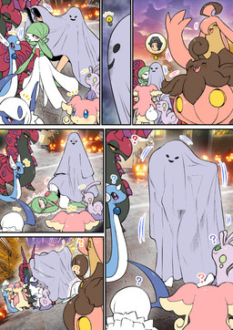 ambiguous_gender anthro black_body blue_body blue_eyes breasts clothing eyelashes female feral fur ghost_costume green_hair group hair hat headgear headwear interspecies jack-o'-lantern male motion_lines open_mouth outside photo_background pink_body pink_fur pokephilia public public_sex question_mark red_body red_eyes sex sky smile standing sunset white_body white_fur amano_jack nintendo pokemon paxton_(pokemon) absol audino dragonair gardevoir generation_1_pokemon generation_3_pokemon generation_5_pokemon generation_6_pokemon gourgeist human humanoid mammal pokemon_(species) pumpkaboo scolipede sliggoo comic photography_(artwork)