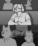 anthro bulge classroom clothed clothing erection erection_under_clothing group lecture male school solo_focus lewd_latte beastars collot_(beastars) canid canine canis domestic_dog fox herding_dog lagomorph leporid mammal old_english_sheepdog pastoral_dog rabbit sheepdog 5:6 guide_lines hi_res monochrome sketch