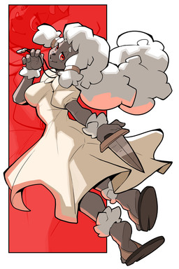 5_fingers anthro arm_tuft black_nose breasts brown_body brown_skin clothing dagger dress eyebrows female fingers footwear gesture hair holding_object holding_weapon horizontal_pupils jewelry leg_tuft long_hair looking_at_viewer looking_back melee_weapon necklace plantigrade pupils raised_arm raised_finger raised_pinky red_background red_eyes sandals shoes simple_background slippers smile solo standing sword tuft weapon white_background white_eyebrows white_hair yandere ceehaz coraline_(autumnbloom11) bovid caprine mammal sheep 2021 2:3 absurd_res hi_res