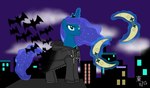 bat_wings blue_body blue_eyes blue_fur blue_hair city clothing cloud coat female feral fur hair horn membrane_(anatomy) membranous_wings moonmerangs night orginization_xiii solo topwear weapon wings jazzytyfighter disney friendship_is_magic hasbro kingdom_hearts my_little_pony mythology square_enix princess_luna_(mlp) bat equid equine mammal mythological_creature mythological_equine unicorn 2012 crossover