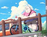 anthro bicycle biped black_nose bottomwear clothing detailed_background humanoid_hands kemono male outside overweight overweight_male shirt shorts solo topwear vehicle kemonuo bear mammal 2024 5:4 absurd_res hi_res