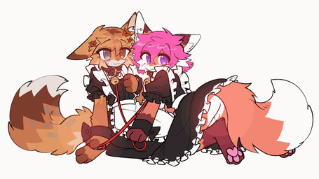 anthro bell blush brown_body brown_fur clothed clothing collar duo female female/female fluffy fluffy_tail fur hair holding_leash holding_object kneeling leash maid_headdress maid_uniform on_leash pink_hair simple_background sitting sitting_on_another tail uniform white_background agorfur canid canine domestic_cat felid feline felis fox mammal 16:9 animated colored hi_res widescreen