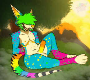 anthro behind_tree biped detailed_background digitigrade ear_piercing exaggerated_mastectomy_scar fur gauged_ear genitals green_hair hair hands_behind_back humanoid_genitalia humanoid_penis male markings mastectomy_scar multicolored_body multicolored_fur multicolored_tail multiple_piercings nature nature_background open_mouth open_smile penis piercing plant raccoon_tail_hair rainbow_tail scar scene_haircut sitting smile solo sparklefur spots spotted_body spotted_fur tail tree conditional_dnp radiancemutt prismsplash_(radiancemutt) canid canine dinodog_(species) hybrid mammal 2025 alternate_version_at_paywall digital_media_(artwork) hi_res shaded trans_(lore) trans_man_(lore)