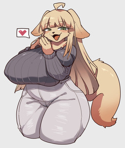 anthro big_breasts biped blush bottomwear breasts clothed clothing eyelashes female green_eyes heart_symbol huge_breasts looking_at_viewer open_mouth pants pupils simple_background smile solo tail thick_thighs yellow_body tofffffu canid canine canis domestic_dog mammal absurd_res hi_res