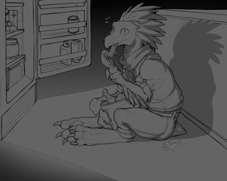 3_toes 4_fingers ambiguous_gender anthro appliance arm_feathers avian_caruncle beak bucket_of_chicken caught_in_the_act claws clothed clothing comb_(anatomy) digitigrade eating eating_food feather_hair feathered_crest feathers feet finger_claws fingers food fridge head_crest kitchen_appliance looking_at_viewer pseudo_hair pupils scut_tail short_tail sitting slit_pupils solo tail toe_claws toes benji_(artist) halo_(series) microsoft xbox_game_studios alien avian kig-yar scalie t'vaoan hi_res monochrome shaded