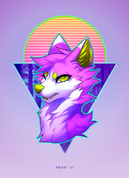 ambiguous_form anthro fluffy fur green_eyes looking_at_viewer male multicolored_body multicolored_fur open_mouth purple_body purple_fur simple_background solo sparklefur synthwave two_tone_body two_tone_fur white_body white_fur yellow_eyes falvie canid canine canis fionbri mammal wolf 2017 colorful_theme digital_media_(artwork) headshot_portrait portrait