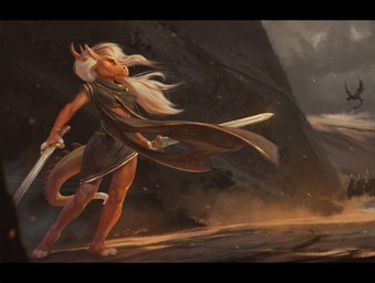 anthro brave desert female solo sunset tail warrior wind conditional_dnp royz mythology dragon mythological_creature mythological_scalie scalie