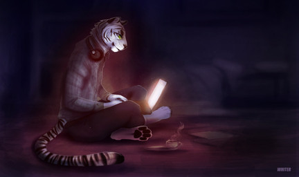 anthro black_body black_bottomwear black_clothing black_fur black_pants black_pawpads bottomwear clothed clothing computer container cup electronics facial_markings fur green_eyes grey_clothing grey_topwear head_markings headphones headphones_around_neck inside laptop male markings mouth_closed mug pants pawpads side_view sitting solo steam striped_markings striped_tail stripes tail tail_markings text topwear white_body white_fur unknowhiter felid mammal pantherine tiger 2015 artist_name full-length_portrait portrait