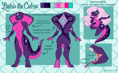 anthro blue_eyes breasts butt featureless_breasts featureless_crotch female front_view hair open_mouth pattern_background pink_body pink_hair purple_body rear_view scales sharp_teeth simple_background solo standing teeth text ventral_scales tiggybloom liatris reptile scalie snake 16:10 english_text model_sheet widescreen