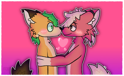 anthro boop border dating duo fur green_eyes green_hair hair heart_symbol male male/male no_clothing nose_boop nude orange_body orange_fur red_body red_fur red_hair simple_background smile tail uwu white_border rahony feon nickllfox canid canine fox mammal absurd_res digital_media_(artwork) hi_res paint_tool_sai_(artwork)