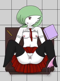 bottomwear breasts clothing female genitals mostly_nude nipples panties school shirt skirt solo t-shirt topwear underwear vulva kumachi nintendo pokemon gardevoir generation_3_pokemon pokemon_(species) 3:4 hi_res