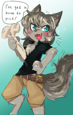 4_fingers anthro belt black_nose blush bone bottomwear chest_tuft claws clothing cowlick daww digitigrade emanata eyebrow_through_hair eyebrows fingers fur gradient_background green_background green_eyes grey_body grey_claws grey_fur grey_hair hair hand_on_hip humor long_hair looking_aside male open_mouth pun shirt shorts simple_background solo speech_bubble standing star teeth text topwear translucent translucent_hair tuft visual_pun fiddleafox seibold_(fiddleafox) canid canine mammal digital_media_(artwork) english_text shaded