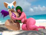 anthro big_breasts bikini blue_eyes breast_grab breasts cleavage clothed clothing duo eyes_closed female green_hair green_lips hair hand_on_breast huge_breasts kneeling lips looking_at_viewer membrane_(anatomy) membranous_wings navel pink_body pink_skin smile swimwear thick_thighs two-piece_swimsuit wings supertito sega sonic_the_hedgehog_(series) rouge_the_bat bat human mammal 2015 3d_(artwork) 4:3 digital_media_(artwork)