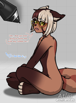 anthro arm_tuft black_nose black_sclera blonde_hair bob_cut bodily_fluids breasts brown_body brown_fur brown_hair countershade_torso countershading crossed_legs dialogue dipstick_tail eyewear facial_markings feet female fluffy fluffy_tail fur glasses gloves_(marking) gradient_arms gradient_legs hair head_markings hip_tuft knee_tuft leg_markings leg_tuft looking_at_another markings mask_(marking) medium_breasts messy_hair meta_humor multicolored_hair navel round_glasses short_hair shoulder_tuft side_view sitting socks_(marking) solo speech_bubble striped_markings striped_tail stripes stylus sweat sweatdrop tail tail_markings tail_tuft talking_to_artist text toeless_(marking) tuft two_tone_hair yellow_eyes atlas_jkb rae_(atlas_jkb) ailurid mammal red_panda artist_name cel_shading english_text hi_res shaded url watermark