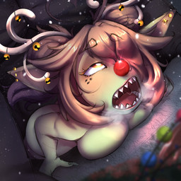 ahegao big_breasts big_butt blush breasts breath brown_hair butt eyebrow_through_hair eyebrows eyelashes fake_horns fake_nose female green_body green_skin hair hair_over_eye holidays humanoid_pointy_ears long_nails looking_pleasured lying nude on_front open_mouth pigtails pointy_ears red_nose sharp_teeth solo teeth thick_thighs translucent translucent_hair yellow_eyes argosornstein christmas vtuber podge_(da3rd) goblin humanoid 1:1 absurd_res hi_res