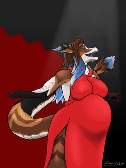 anthro arms_out belly big_belly big_breasts biped blue_claws blue_tongue breasts claws clothed clothing dress eyelashes eyes_closed female fingers hair horn long_dress long_hair long_tail markings multicolored_body multicolored_hair multicolored_horn multicolored_tail navel_outline open_mouth opera pointy_ears pregnant pregnant_anthro pregnant_female red_clothing red_dress simple_background singing smile solo spotlight standing tail tail_markings text thick_thighs thigh_slit tongue wide_hips bbear mythology dragon mythological_creature mythological_scalie scalie 2025 3:4 absurd_res artist_name dated digital_media_(artwork) hi_res shaded signature