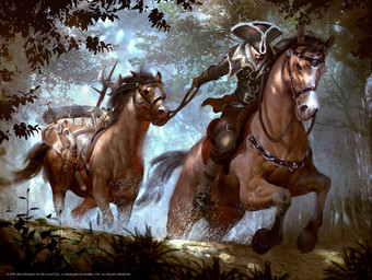bridle clothing detailed_background faceless_character faceless_male facial_hair feral forest gaiters goatee group harness hat headgear headwear hooves jumping low-angle_view male melee_weapon outside plant quadruped reins riding running saddle straddling sword tree weapon lius_lasahido hasbro magic:_the_gathering wizards_of_the_coast equid equine horse human mammal official_art