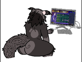 anthro big_butt butt cheek_markings computer computer_keyboard computer_monitor computer_mouse computer_screen electronics facial_markings gaming head_markings humor left-handed male markings playing_video_game prehensile_tail screen screen_face simple_background slightly_chubby solo tail thick_thighs white_background blarfolemule electronic_arts plants_vs._zombies popcap_games blarf_(blarfolemule) binturong fume-shroom mammal puff-shroom scaredy-shroom sun-shroom viverrid animated short_playtime video