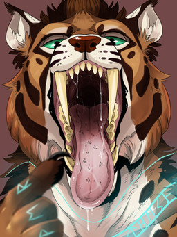 anthro big_fangs blue_markings bodily_fluids brown_background brown_hair brown_markings drooling_tongue fangs front_view fur gaping_mouth glistening glistening_eyes green_eyes hair huge_fangs imminent_vore looking_at_viewer magic_user male markings mouth_shot narrowed_eyes open_mouth orange_body orange_fur pink_tongue red_nose saliva saliva_string simple_background soft_vore solo teeth tongue tongue_out vore vore_teasing white_body white_fur yellow_teeth swampjaws felid feline mammal pantherine tiger 3:4 absurd_res bust_portrait hi_res portrait