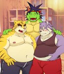 belly blush bottomwear clothing eyes_closed green_body group humanoid_hands kemono male moobs navel nipples obese obese_male overweight overweight_male pants shirt topwear yellow_body aretna asian_mythology east_asian_mythology morenatsu mythology kouya_(morenatsu) tatsuki_(morenatsu) torahiko_(morenatsu) canid canine canis domestic_dog dragon eastern_dragon felid husky mammal mythological_creature mythological_scalie nordic_sled_dog pantherine scalie spitz tiger 2015 hi_res