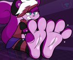 3_toes anthro barefoot blue_eyes feet female foot_fetish foot_focus fur hair multicolored_body multicolored_hair pawpads paws purple_body purple_fur reflection soles solo toes fishywashy mintytempest violet_(fishywashy) mammal rodent sciurid tree_squirrel hi_res