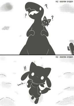 :3 ambiguous_gender anthro barking cactus carrying_another cloud duo exclamation_point fangs featureless_crotch feral fur high-angle_view looking_down looking_up low-angle_view on_shoulder open_mouth paws plant question_mark size_difference solo tail teeth text tongue sarent_stuff google google_chrome nintendo pokemon pokemon_mystery_dungeon spike_chunsoft dinosaur_(google_chrome) dinosaur felid feline generation_4_pokemon generation_9_pokemon mammal pokemon_(species) prehistoric_species reptile riolu scalie sprigatito 2026 absurd_res comic english_text hi_res monochrome