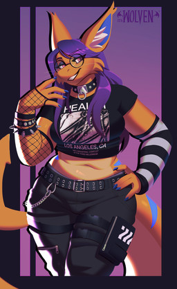 anthro arm_warmers armwear belt black_bottomwear black_clothing black_crop_top black_pants black_shirt black_topwear blue_claws blue_stripes bottomwear bracelet breasts claws clothing collar collar_ring countershading crop_top eyebrows eyeliner eyeshadow eyewear female fishnet_arm_warmers fishnet_armwear fishnet_clothing fur glasses grin hair hand_on_hip jewelry long_hair looking_at_viewer makeup navel orange_body pants pattern_arm_warmers pattern_armwear pattern_clothing pink_eyes pose purple_hair round_glasses shark_tail shirt smile solo spiked_bracelet spikes striped_arm_warmers striped_armwear striped_clothing stripes studded_bracelet studded_collar studded_jewelry studs topwear whiskers itswolven health_(band) citra_(acidicshark) aquatic felid feline fish hybrid lynx mammal shark 2025 digital_media_(artwork) hi_res trans_(lore) trans_woman_(lore)