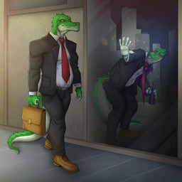 5_fingers altered_reflection anthro black_bottomwear black_clothing black_pants black_topwear bottle bottomwear building business_attire business_suit businesswear city city_background cityscape clock clothing collared_shirt container countershading dress_shirt drunk dual_persona duality fingers green_body holding_object male multicolored_body necktie night pants reflection shirt shorts skyscraper solo substance_intoxication suit tan_bottomwear tan_clothing tan_shorts topwear two_tone_body urban walking watch white_body white_clothing white_shirt white_topwear wristwatch yellow_eyes redgreendied cregon alligator alligatorid crocodile crocodilian reptile scalie 1:1 absurd_res hi_res