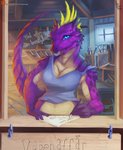 anthro athletic athletic_anthro athletic_female blue_clothing blue_eyes box breasts clothed clothing container countershade_torso countershading feather_hair feathers female fountain_pen humanoid_hands inside looking_at_viewer melee_weapon non-mammal_breasts patreon_logo pseudo_hair pupils purple_body purple_scales scales slit_pupils solo sword tail tan_body tan_scales text treasure_chest weapon window_sill workshop writing_text yellow_body yellow_feathers dew_dragon mythology patreon dragon mythological_creature mythological_scalie scalie 2020 digital_media_(artwork) hi_res swedish_text translated url